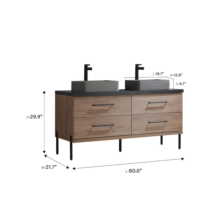 60-Inch Flynn Oak Double Sink Bathroom Vanity Concrete Vessel Black Sintered Countertop & Mirror Included