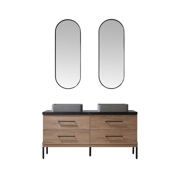 60-Inch Flynn Oak Double Sink Bathroom Vanity Concrete Vessel Black Sintered Countertop & Mirror Included