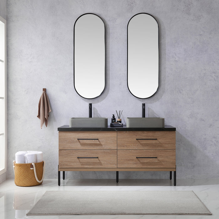 60-Inch Flynn Oak Double Sink Bathroom Vanity Concrete Vessel Black Sintered Countertop & Mirror Included