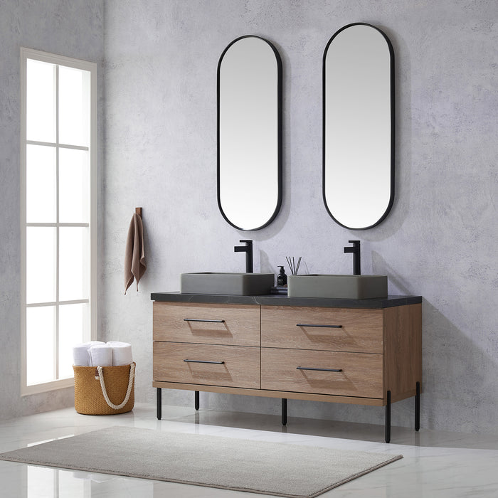 60-Inch Flynn Oak Double Sink Bathroom Vanity Concrete Vessel Black Sintered Countertop & Mirror Included