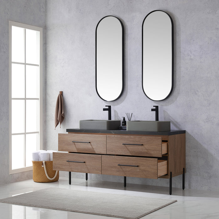 60-Inch Flynn Oak Double Sink Bathroom Vanity Concrete Vessel Black Sintered Countertop & Mirror Included
