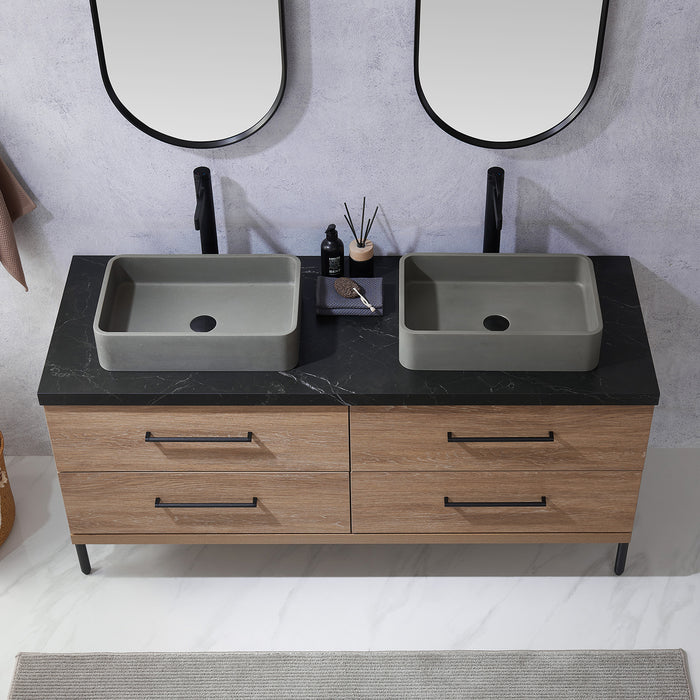 60-Inch Flynn Oak Double Sink Bathroom Vanity Concrete Vessel Black Sintered Countertop & Mirror Included