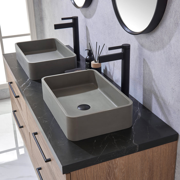 60-Inch Flynn Oak Double Sink Bathroom Vanity Concrete Vessel Black Sintered Countertop & Mirror Included