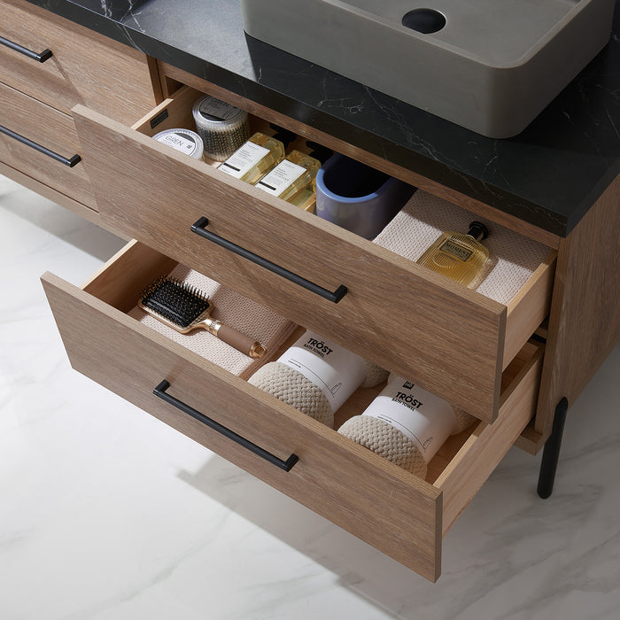 60-Inch Flynn Oak Double Sink Bathroom Vanity Concrete Vessel Black Sintered Countertop & Mirror Included