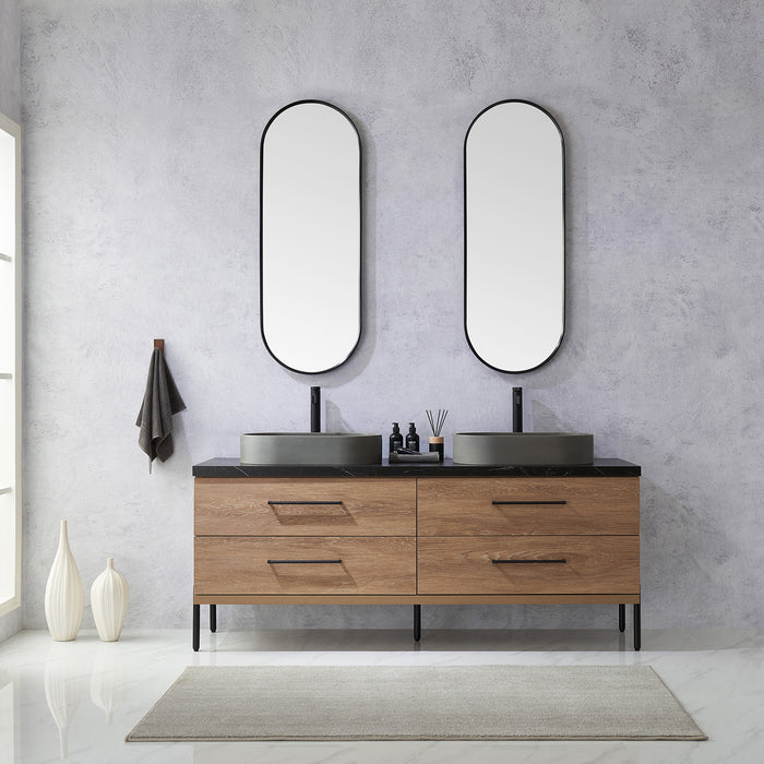 72-Inch Sydney Oak Bathroom Vanity Set – Double Concrete Sinks with Sintered Stone Top & Mirror Included