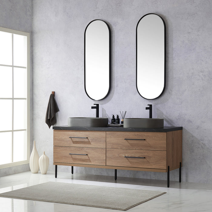 72-Inch Sydney Oak Bathroom Vanity Set – Double Concrete Sinks with Sintered Stone Top & Mirror Included