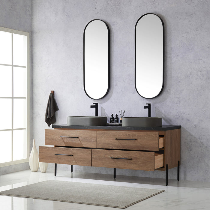 72-Inch Sydney Oak Bathroom Vanity Set – Double Concrete Sinks with Sintered Stone Top & Mirror Included