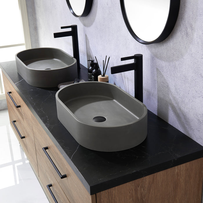 72-Inch Sydney Oak Bathroom Vanity Set – Double Concrete Sinks with Sintered Stone Top & Mirror Included