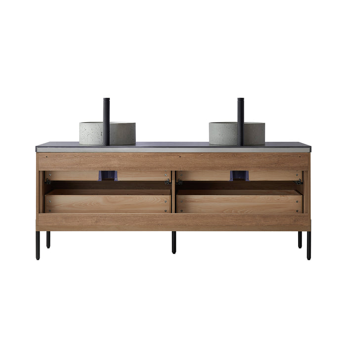 72-Inch Melbourne Double Sink Bathroom Vanity North American Oak Black Stone Top Concrete Sinks