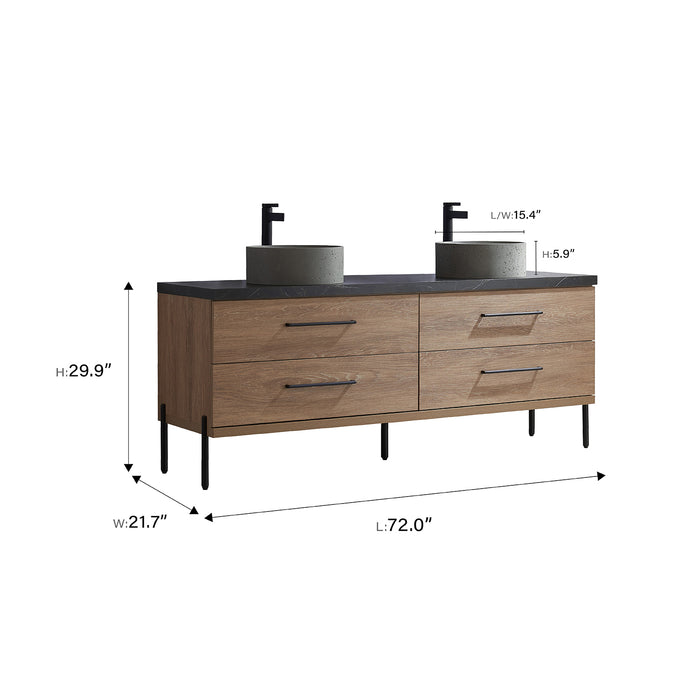 72-Inch Melbourne Double Sink Bathroom Vanity North American Oak Black Stone Top Concrete Sinks