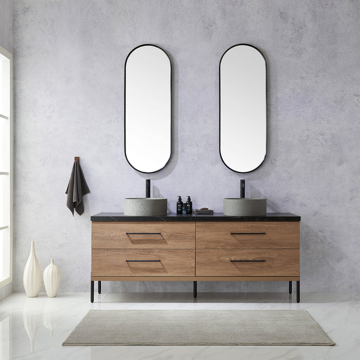 72-Inch Melbourne Double Sink Bathroom Vanity North American Oak Black Stone Top Concrete Sinks