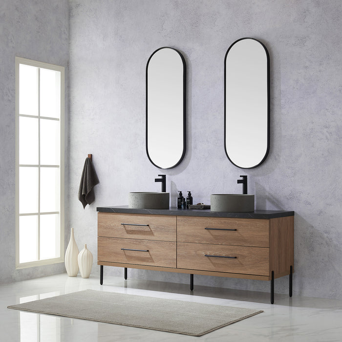 72-Inch Melbourne Double Sink Bathroom Vanity North American Oak Black Stone Top Concrete Sinks