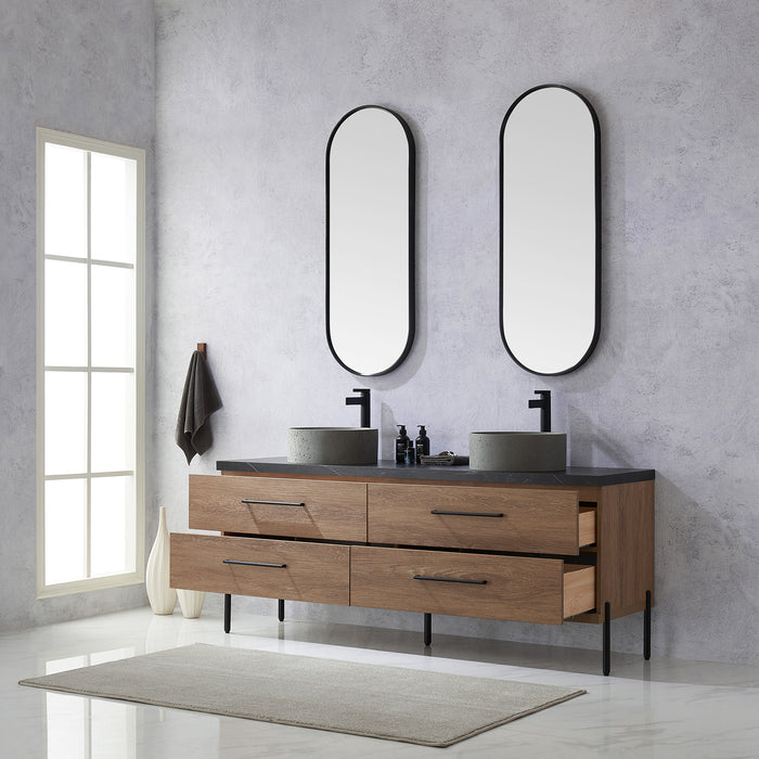 72-Inch Melbourne Double Sink Bathroom Vanity North American Oak Black Stone Top Concrete Sinks