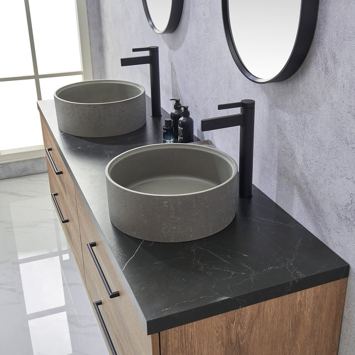 72-Inch Melbourne Double Sink Bathroom Vanity North American Oak Black Stone Top Concrete Sinks