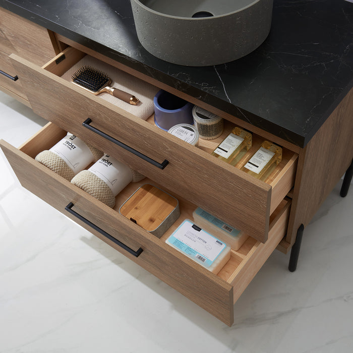 72-Inch Melbourne Double Sink Bathroom Vanity North American Oak Black Stone Top Concrete Sinks