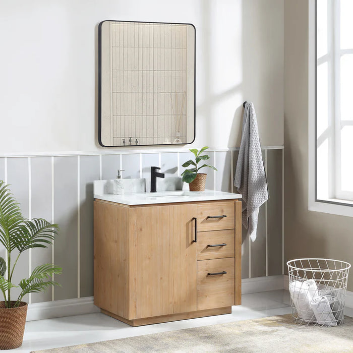 36-Inch Field Hardwood Bathroom Vanity with Composite Stone Countertop & Matching Mirror - Vinnova
