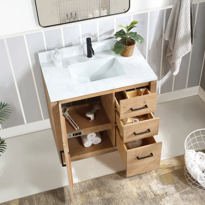 36-Inch Field Hardwood Bathroom Vanity with Composite Stone Countertop & Matching Mirror - Vinnova
