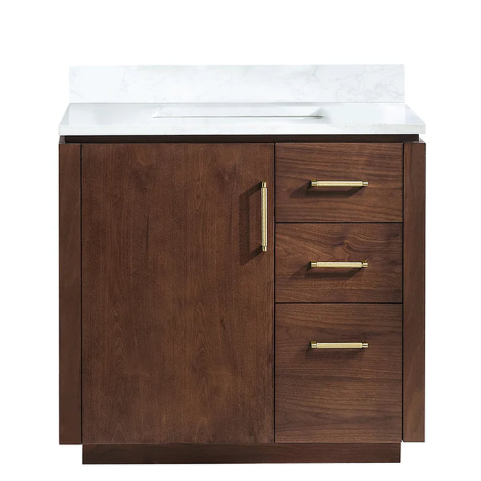 36 Inch Velvet Walnut Freestanding Bath Vanity with Soft-Close Drawers & White Stone Top