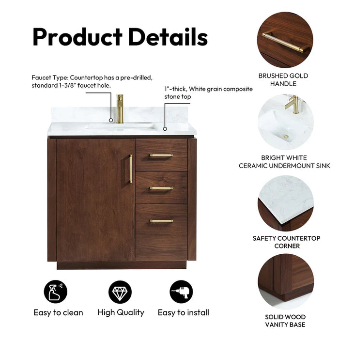 36-Inch Cloud Freestanding Bathroom Vanity - Walnut with White Grain Composite Top and Mirror Set