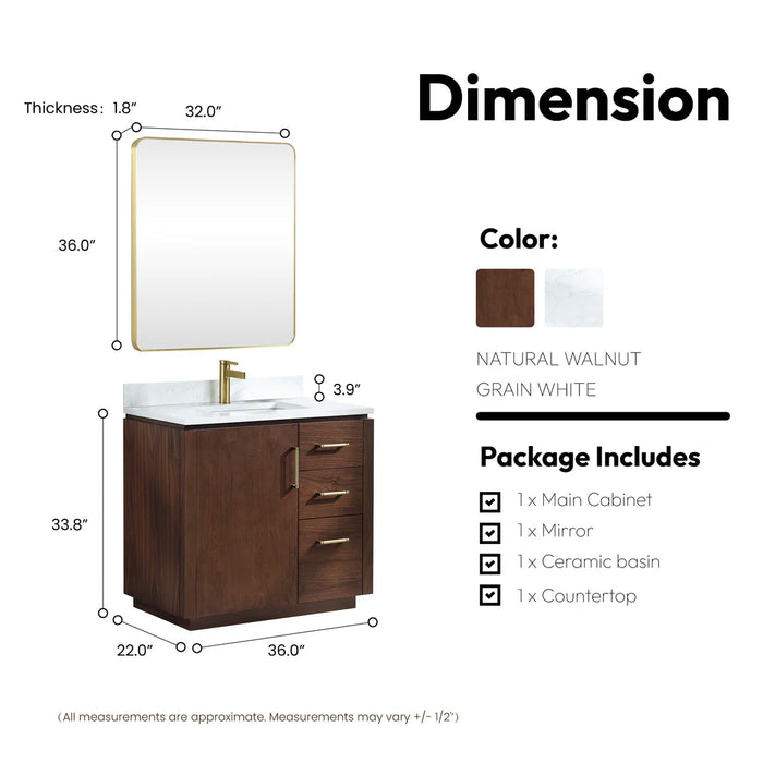 36 Inch Velvet Walnut Freestanding Bath Vanity with Soft-Close Drawers & White Stone Top
