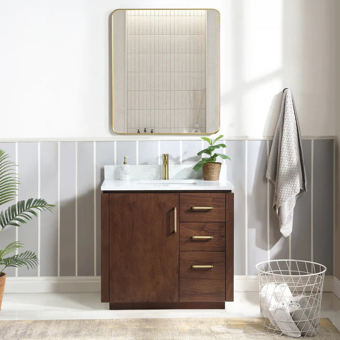 36-Inch Cloud Freestanding Bathroom Vanity - Walnut with White Grain Composite Top and Mirror Set