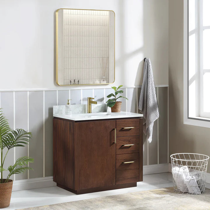36 Inch Velvet Walnut Freestanding Bath Vanity with Soft-Close Drawers & White Stone Top