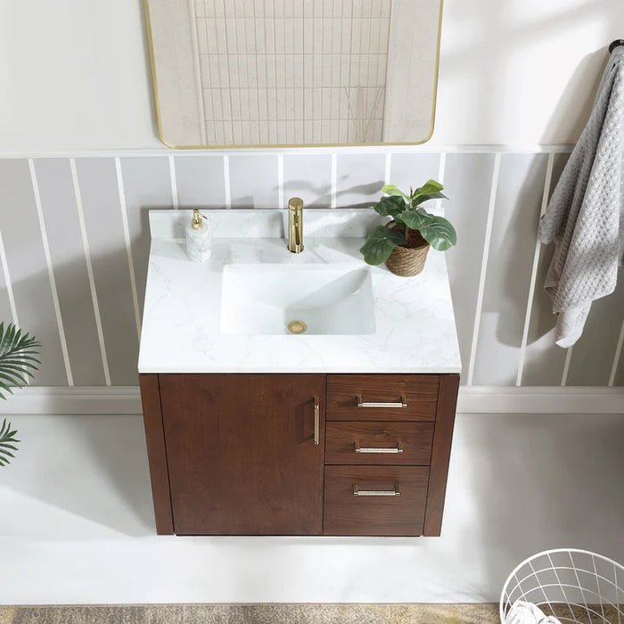 36-Inch Cloud Freestanding Bathroom Vanity - Walnut with White Grain Composite Top and Mirror Set