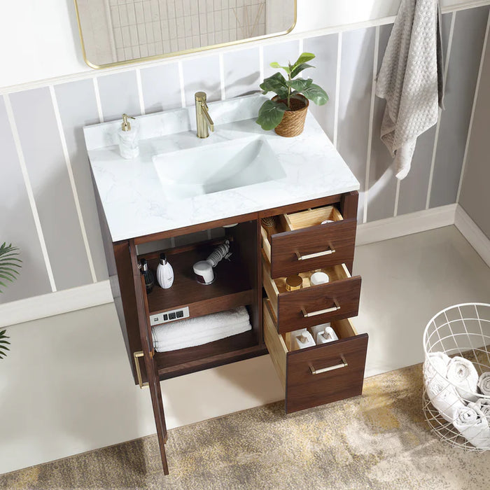 36-Inch Cloud Freestanding Bathroom Vanity - Walnut with White Grain Composite Top and Mirror Set