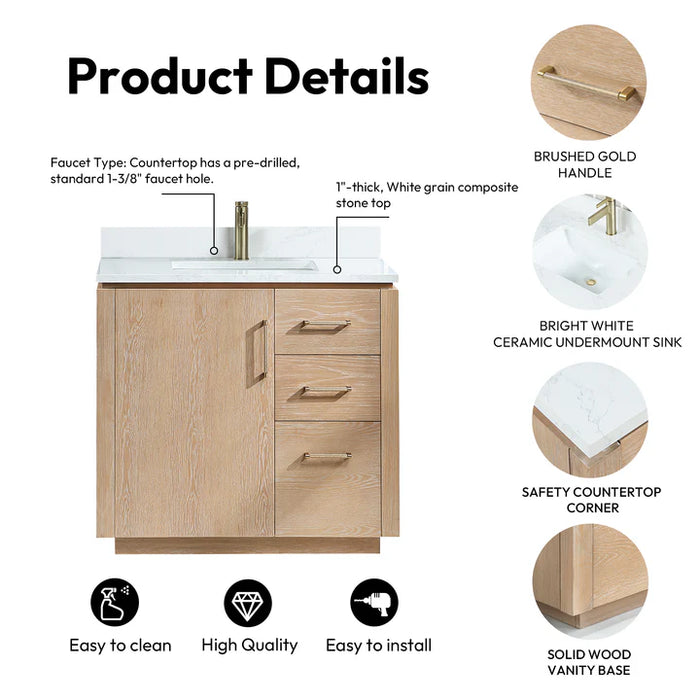 36-Inch Flint Bathroom Vanity Washed Ash Grey Freestanding with Composite Stone Top & USB Outlets
