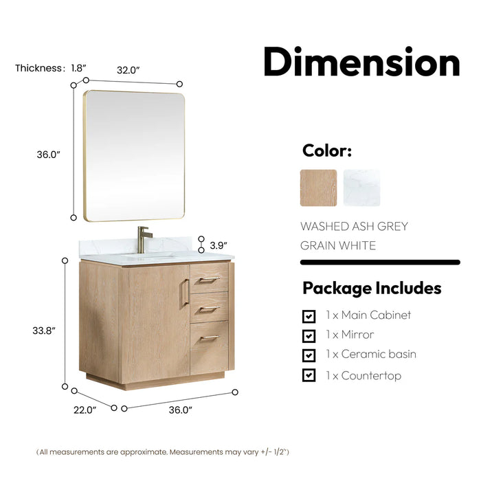 36-Inch Wisp Single Sink Free-Standing Bathroom Vanity in Washed Ash Grey with White Grain Stone Top and Mirror Option