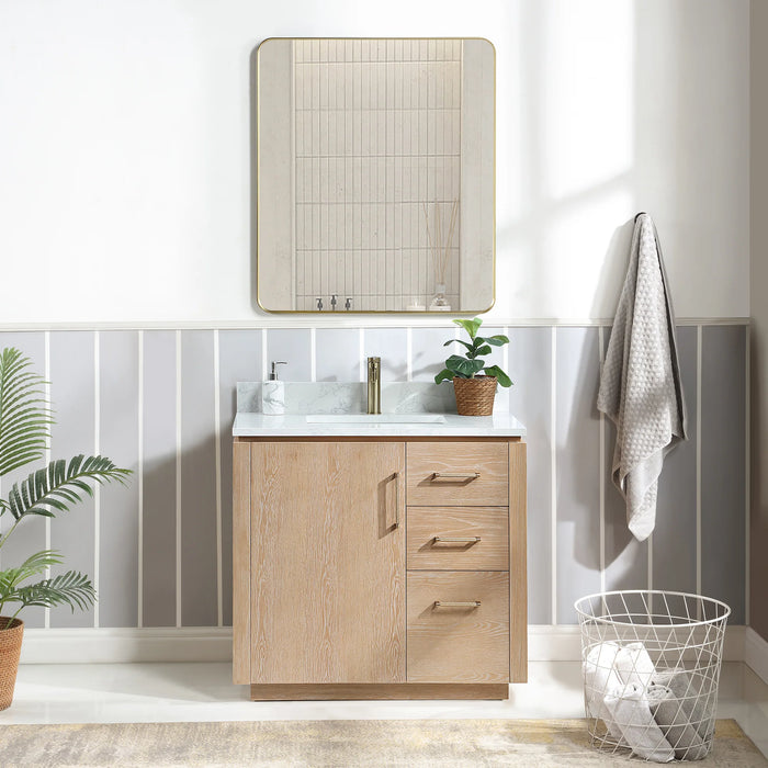 36-Inch Wisp Single Sink Free-Standing Bathroom Vanity in Washed Ash Grey with White Grain Stone Top and Mirror Option