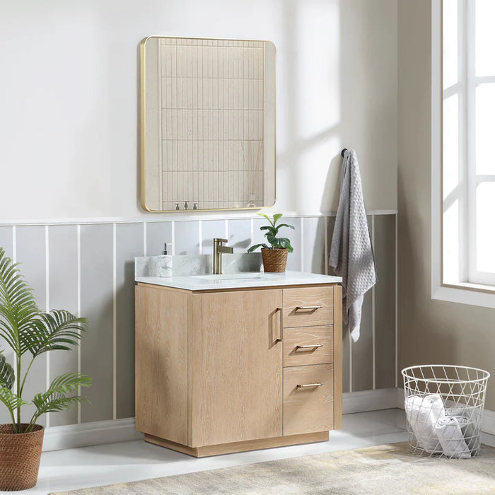 36-Inch Flint Bathroom Vanity Washed Ash Grey Freestanding with Composite Stone Top & USB Outlets