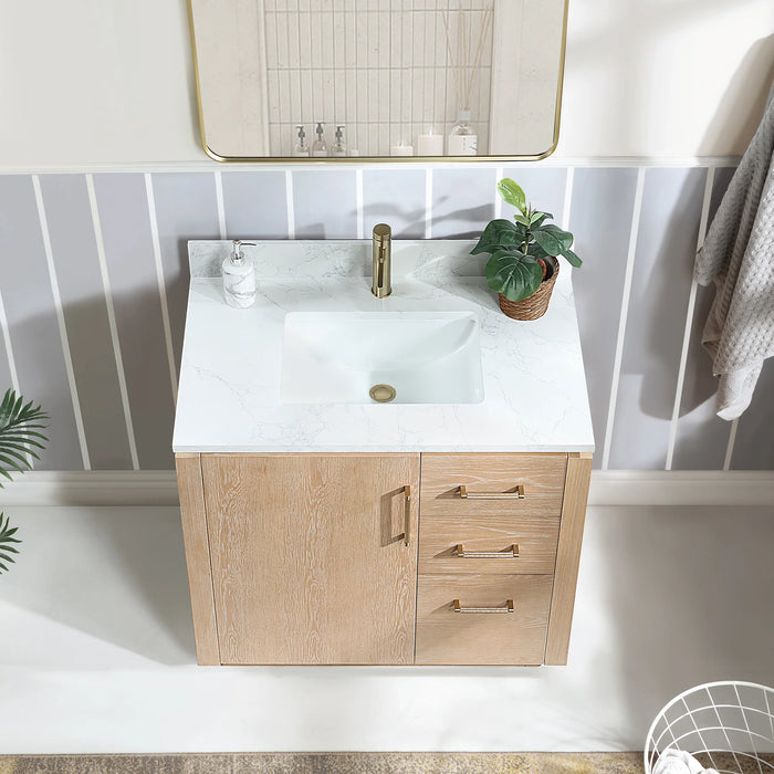 36-Inch Wisp Single Sink Free-Standing Bathroom Vanity in Washed Ash Grey with White Grain Stone Top and Mirror Option