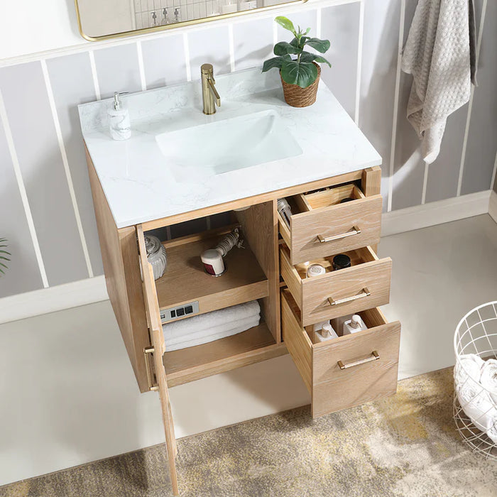 36-Inch Flint Bathroom Vanity Washed Ash Grey Freestanding with Composite Stone Top & USB Outlets