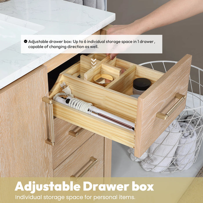 36-Inch Wisp Single Sink Free-Standing Bathroom Vanity in Washed Ash Grey with White Grain Stone Top and Mirror Option