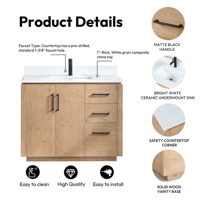 42-Inch Fir Wood Brown Rustil Single Vanity Freestanding with White Grain Stone Top & USB Outlets