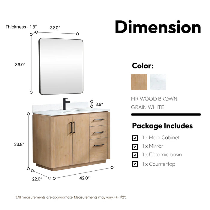 42-Inch Fir Wood Brown Rustil Single Vanity Freestanding with White Grain Stone Top & USB Outlets