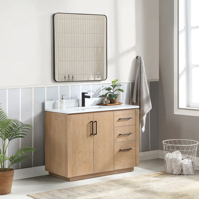 42-Inch Fir Wood Brown Rustil Single Vanity Freestanding with White Grain Stone Top & USB Outlets
