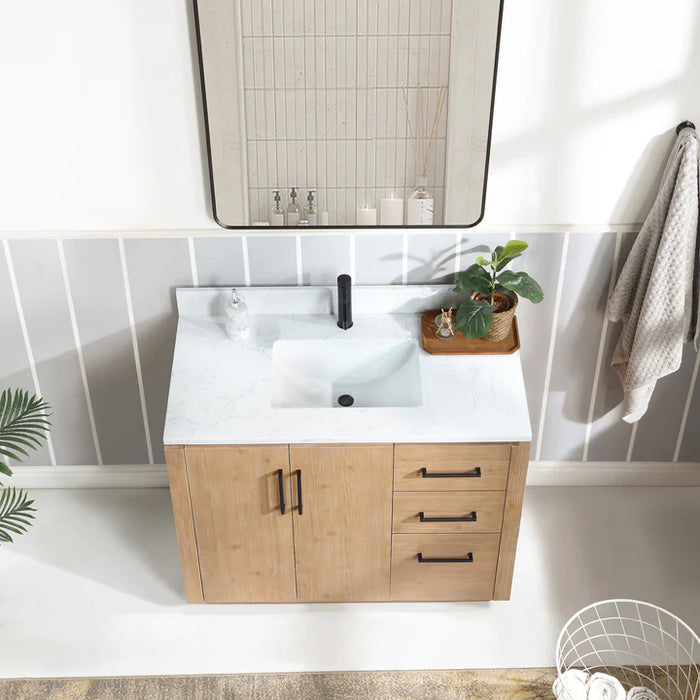 42-Inch Fir Wood Brown Rustil Single Vanity Freestanding with White Grain Stone Top & USB Outlets