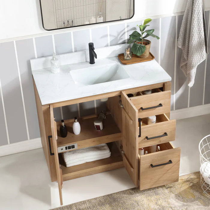 42-Inch Fir Wood Brown Rustil Single Vanity Freestanding with White Grain Stone Top & USB Outlets