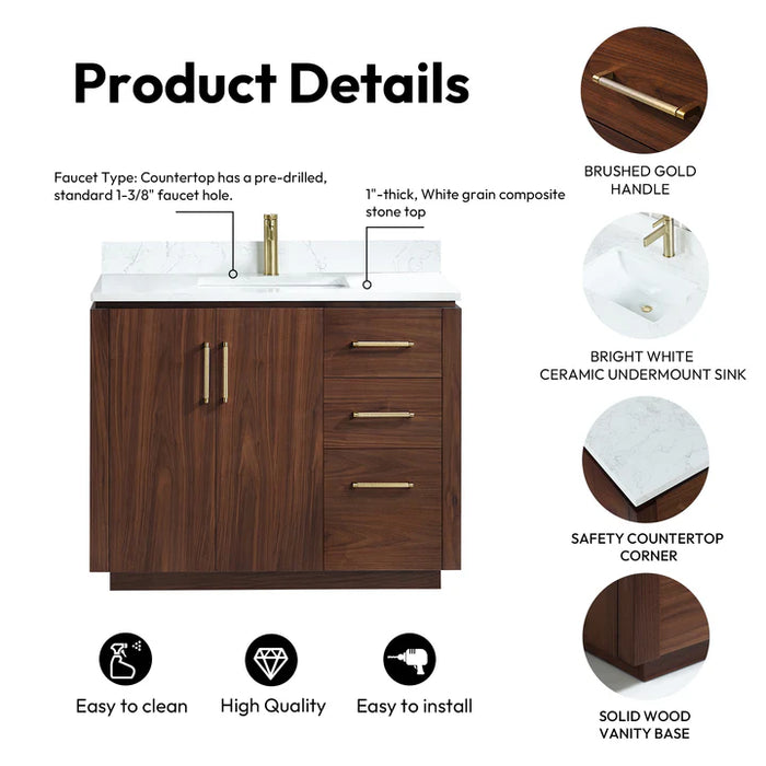 42-Inch Cedar Solid Wood Freestanding Single Bath Vanity Walnut with Composite Stone Top & Soft-Close Drawers