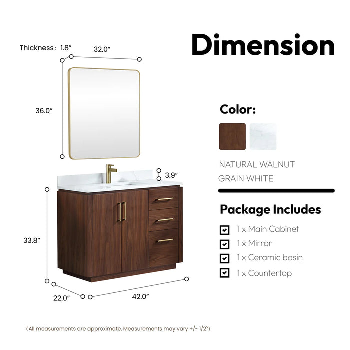 42-Inch Cedar Solid Wood Freestanding Single Bath Vanity Walnut with Composite Stone Top & Soft-Close Drawers
