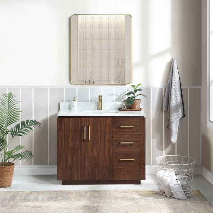 42-Inch Torran Walnut Freestanding Bathroom Vanity with White Composite Stone Countertop, Undermount Sink and Mirror