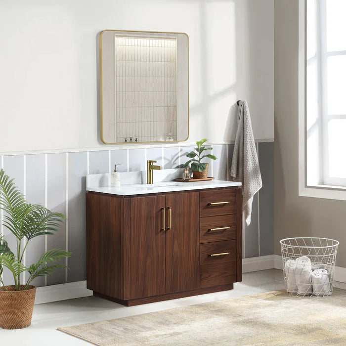 42-Inch Cedar Solid Wood Freestanding Single Bath Vanity Walnut with Composite Stone Top & Soft-Close Drawers