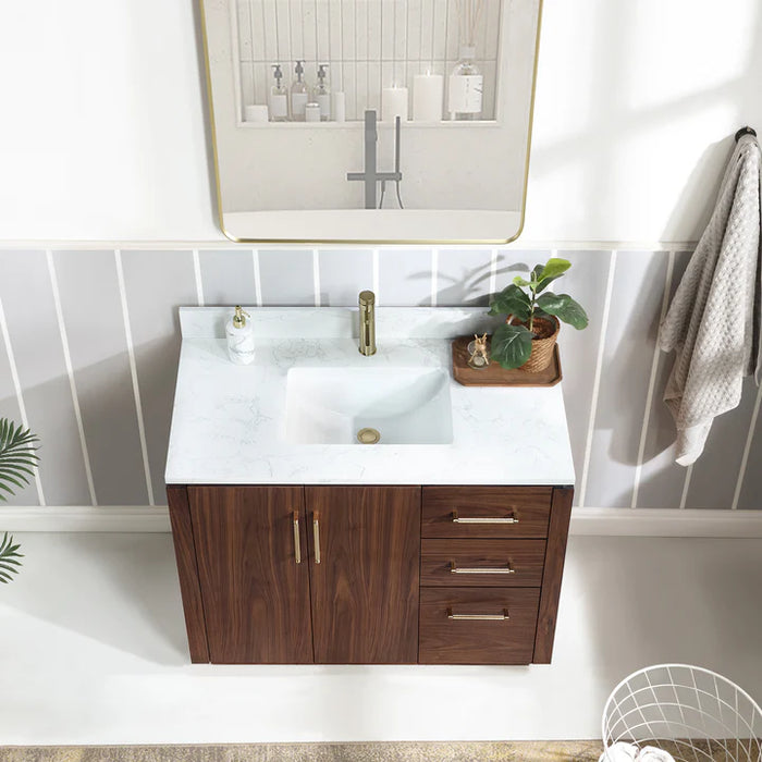42-Inch Cedar Solid Wood Freestanding Single Bath Vanity Walnut with Composite Stone Top & Soft-Close Drawers
