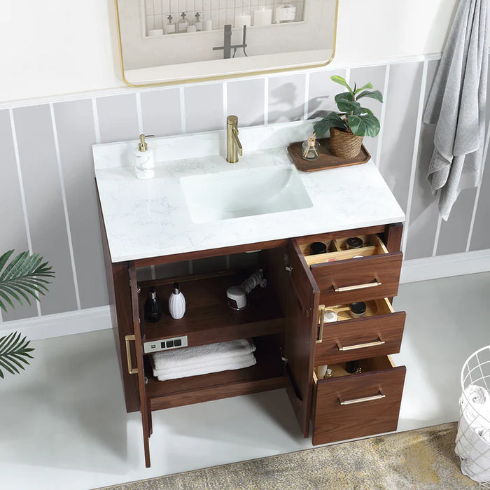 42-Inch Cedar Solid Wood Freestanding Single Bath Vanity Walnut with Composite Stone Top & Soft-Close Drawers