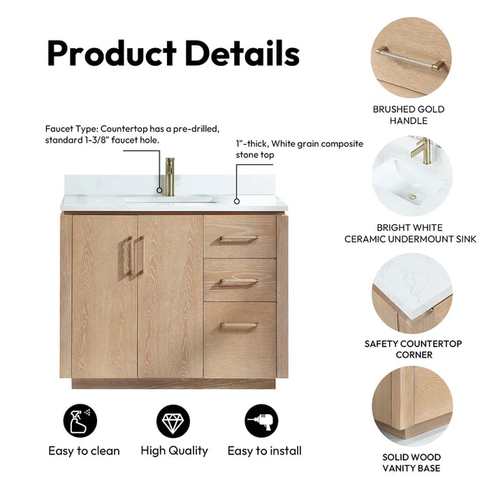 42-Inch Winter Bathroom Vanity in Washed Ash Grey with White Stone Top and USB Outlets