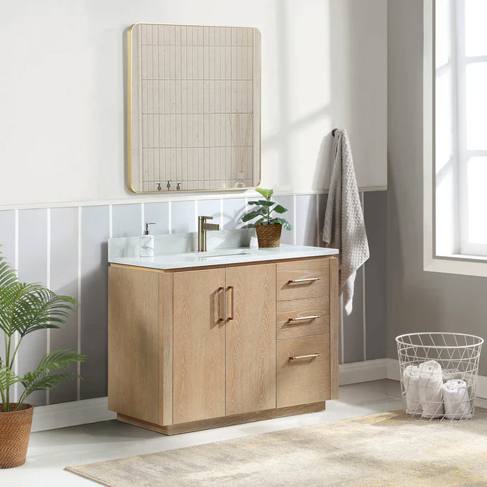 42-Inch Quarry Wood Bathroom Vanity Washed Ash Grey with Composite Stone Top & Mirror