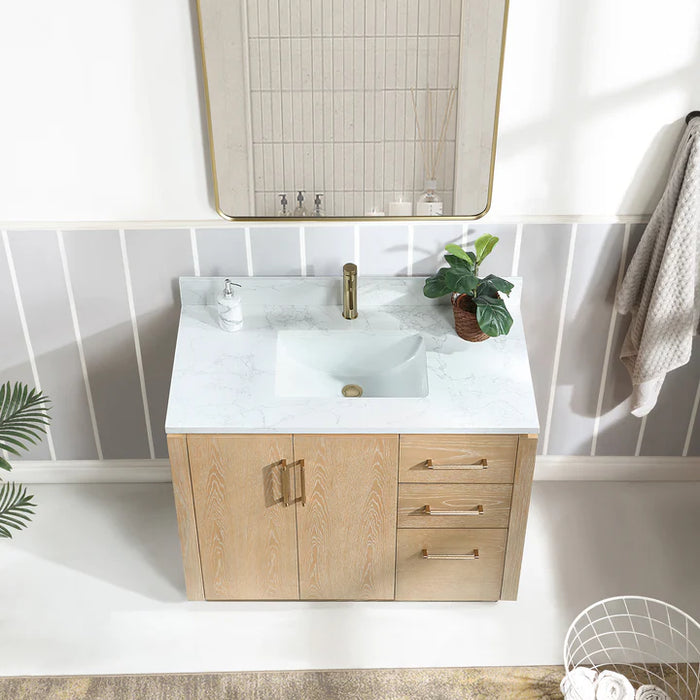 42-Inch Winter Bathroom Vanity in Washed Ash Grey with White Stone Top and USB Outlets