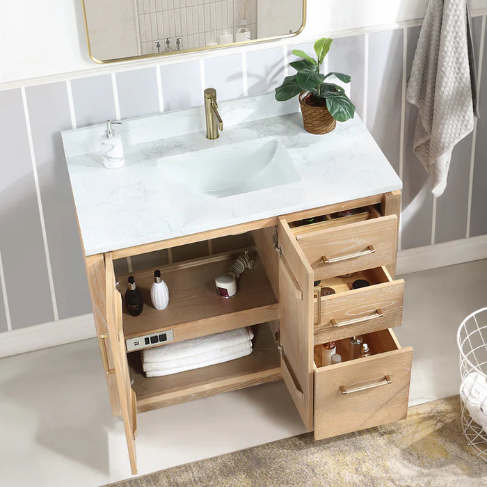 42-Inch Winter Bathroom Vanity in Washed Ash Grey with White Stone Top and USB Outlets